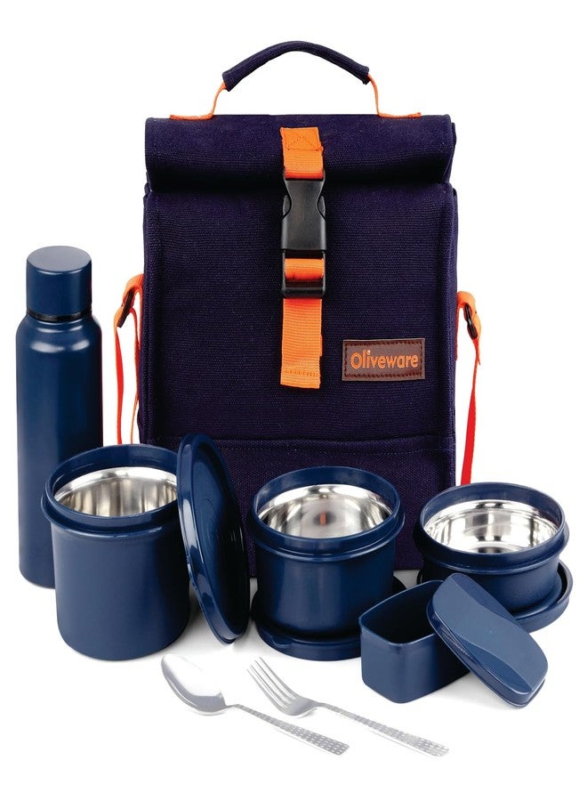 SOPL-OLIVEWARE علبة غداء ماجما من أوليف وير | علب من الفولاذ المقاوم للصدأ | طقم من 3 علب + زجاجة 750 مل + علبة مخلل + ملعقة وشوكة | آمنة للاستخدام في الميكروويف والفريزر وغسالة الصحون (أزرق) - Image 1